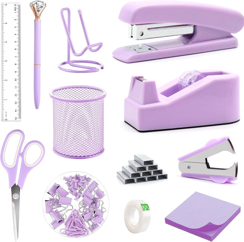 Famassi Purple Office Supplies, Purple Desk Accessories, Stapler, Staple Remover, Tape Holder, Pen Holder, Ballpoint Pen, Scissor, Binder Clips, 1000 Staples, Phone Holder, Ruler, Transparent Glue and Notes - Image 1